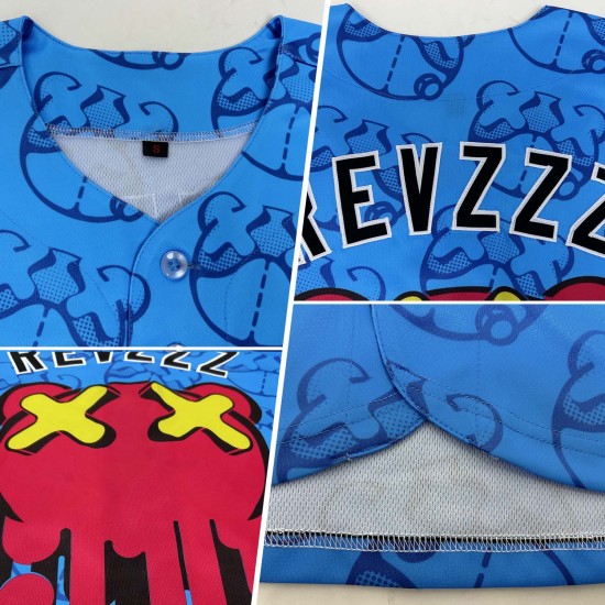 Maglia da baseball Revzzz Sky Bear personalizzata, nera e bianca, 3D Blue Drip, autentica Maglia da baseball Revzzz Sky Bear personalizzata, nera e bianca, 3D Blue Drip, autentica