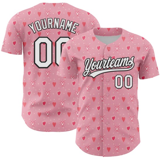 Maglia da baseball autentica rosa, bianca e nera, con cuore 3D, luce e amore, personalizzata per San Valentino