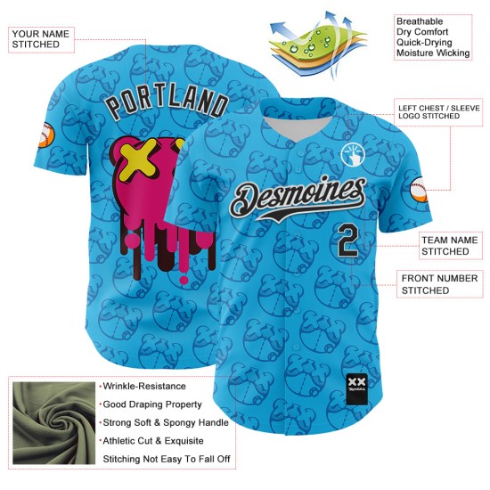 Maglia da baseball Revzzz Sky Bear personalizzata, nera e bianca, 3D Blue Drip, autentica Maglia da baseball Revzzz Sky Bear personalizzata, nera e bianca, 3D Blue Drip, autentica
