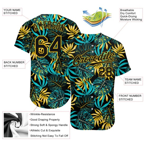 Maillot de baseball personnalisé motif feuilles de palmier noir tropical noir-or 3D authentique Maillot de baseball personnalisé motif feuilles de palmier noir tropical noir-or 3D authentique