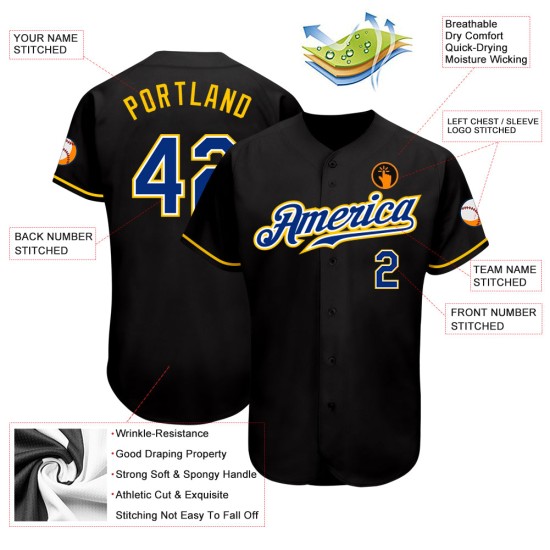 Maillot de baseball personnalisé noir authentique Royal-Gold