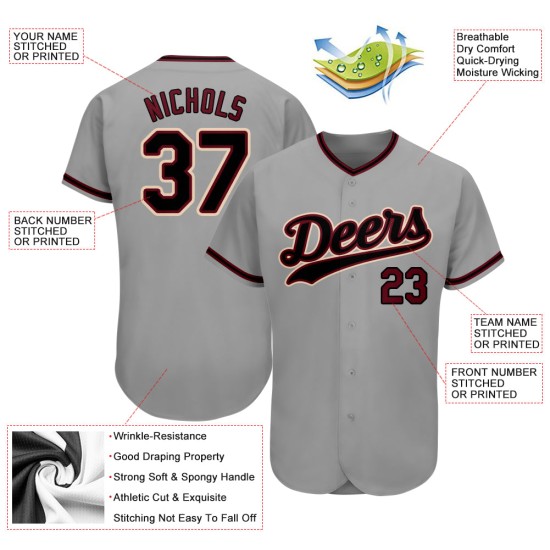 Maillot de baseball authentique gris noir et cramoisi personnalisé