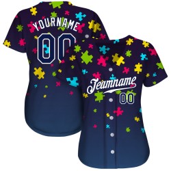 Maillot de baseball personnalisé avec puzzle autisme, pièces bleu marine et blanches 3D, authentique, sensibilisation Maillot de baseball personnalisé avec puzzle autisme, pièces bleu marine et blanches 3D, authentique, sensibilisation