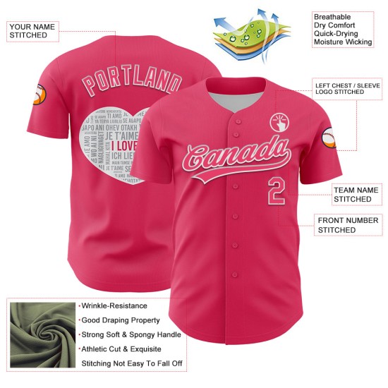 Maglia da baseball personalizzata per San Valentino, con cuore autentico rosa e bianco, 3D Maglia da baseball personalizzata per San Valentino, con cuore autentico rosa e bianco, 3D