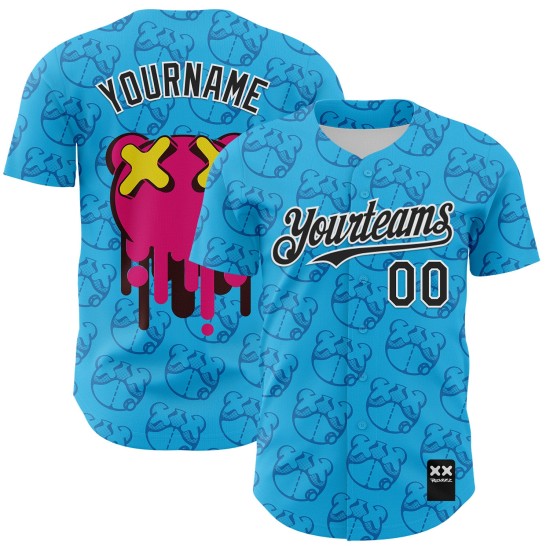 Maglia da baseball Revzzz Sky Bear personalizzata, nera e bianca, 3D Blue Drip, autentica Maglia da baseball Revzzz Sky Bear personalizzata, nera e bianca, 3D Blue Drip, autentica