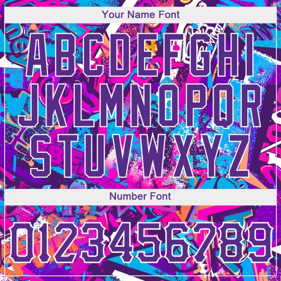 Maillot de baseball 3D personnalisé avec inscriptions blanches et violettes, motif graffiti authentique Maillot de baseball 3D personnalisé avec inscriptions blanches et violettes, motif graffiti authentique