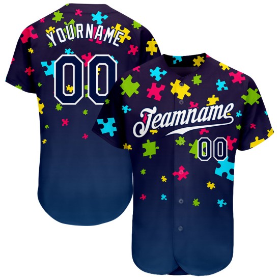 Maillot de baseball personnalisé avec puzzle autisme, pièces bleu marine et blanches 3D, authentique, sensibilisation Maillot de baseball personnalisé avec puzzle autisme, pièces bleu marine et blanches 3D, authentique, sensibilisation