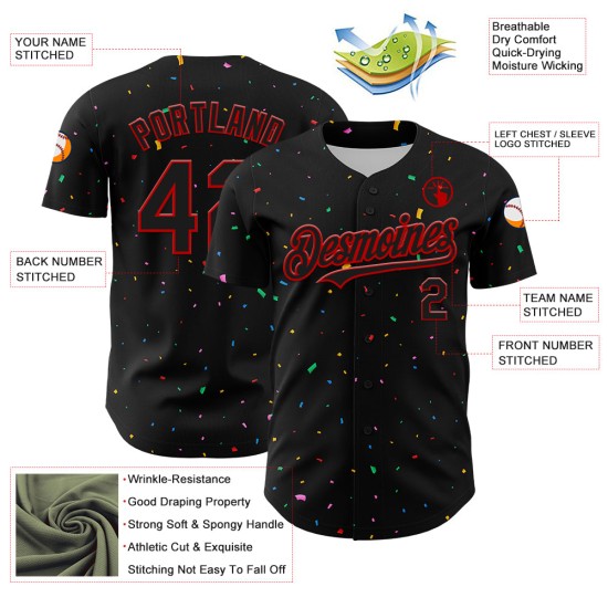 Maglia da baseball personalizzata con motivo a coriandoli 3D autentico rosso nero