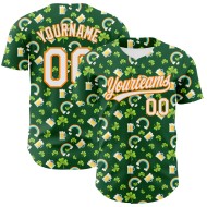 Maglia da baseball autentica 3D Green Shamrock St. Patrick's White-Bay personalizzata Orange Beer