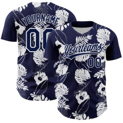 Maglia da baseball tropicale e hawaiana blu navy autentica bianca personalizzata con fiori e foglie 3D