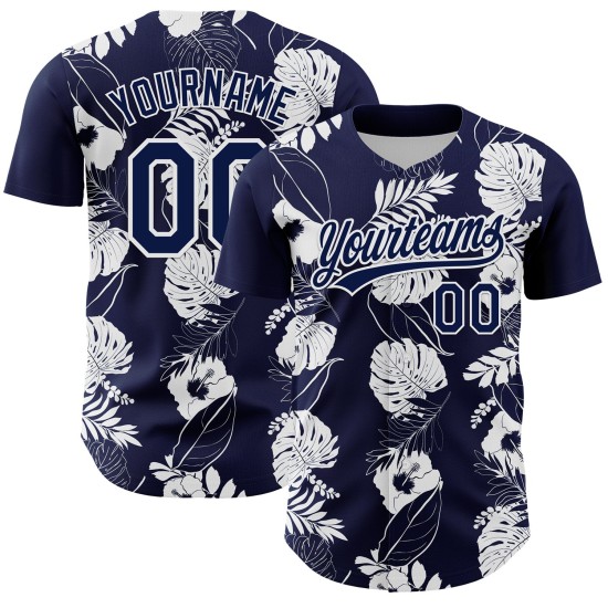 Maglia da baseball tropicale e hawaiana blu navy autentica bianca personalizzata con fiori e foglie 3D