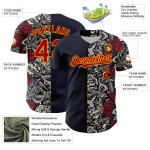 Maglia da baseball vintage autentica e personalizzata, con tatuaggi 3D rosso-oro blu navy